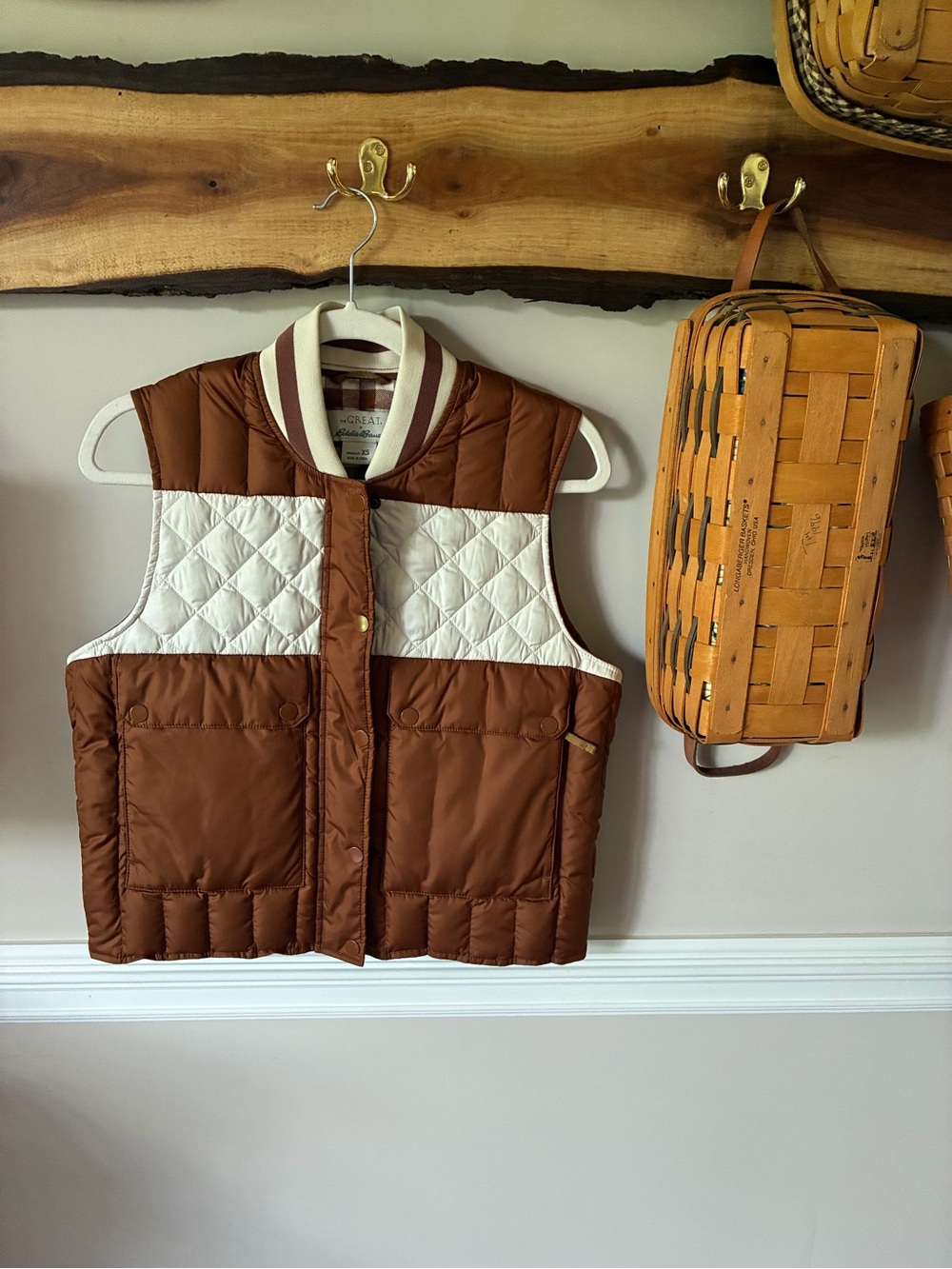 The GREAT. x Eddie Bauer Nutmeg Brown and Ivory Vest Granola Girl XS OVERSIZED